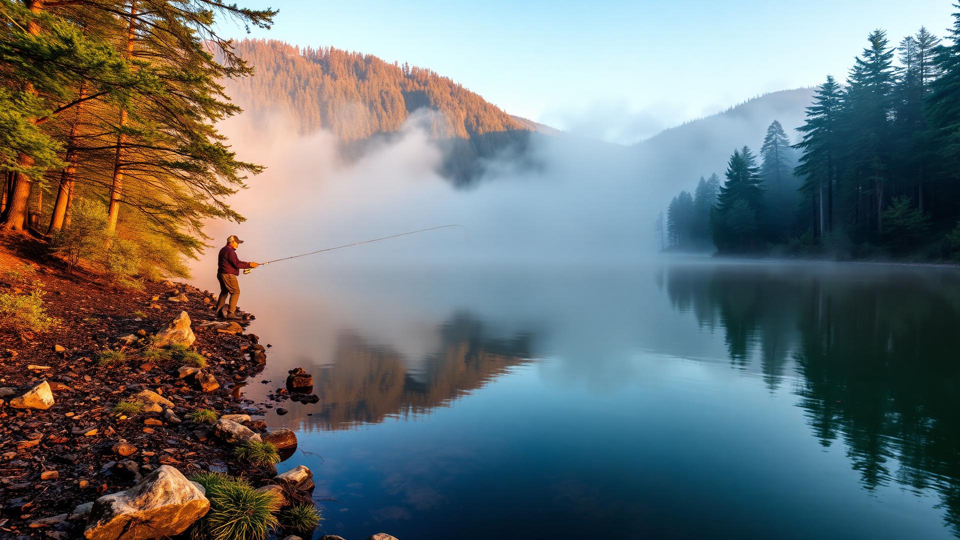 Lago ao amanhecer com pescador na margem